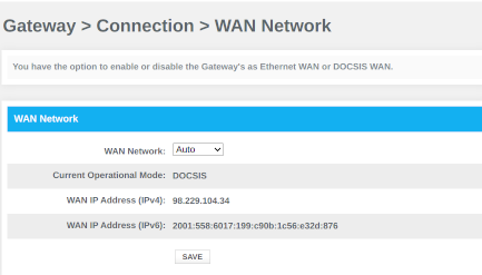 Xfinity WAN configuration screen